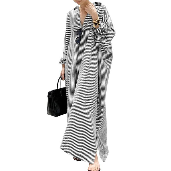 100% Cotton Striped Maxi Shirt Dress with Side Pockets